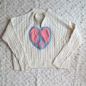 POL Peace Heart Patch Small Cream Cable Knit Sweater Quarter Zip